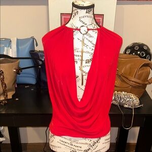 Lipstick Boutique Vibrant Red Halter Top with silver necklace rhinestones size m
